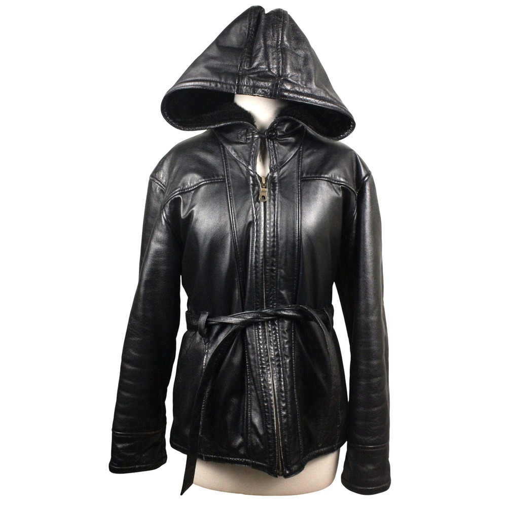Wilsons Leather Black Hooded Jacket Womens S Belted Faux Fur Lined Y2K